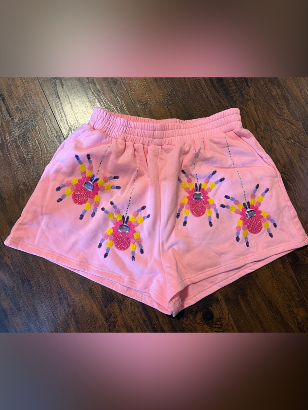 QUEEN OF SPARKLES Pink Embroidered Spider Motif Athletic Shorts